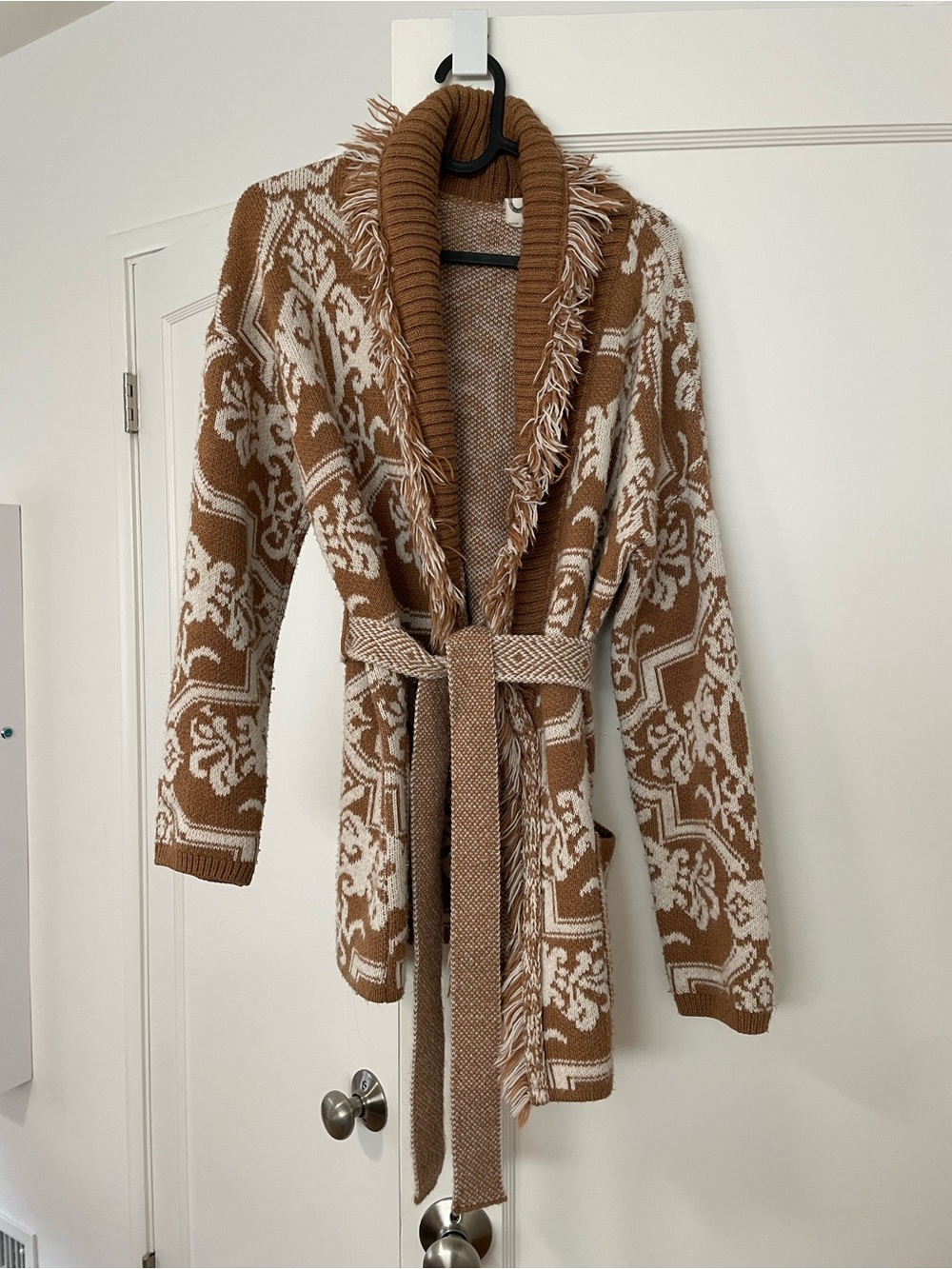 Anthropologie Italian Brown & Cream Fringe Belted Cardigan Sweater